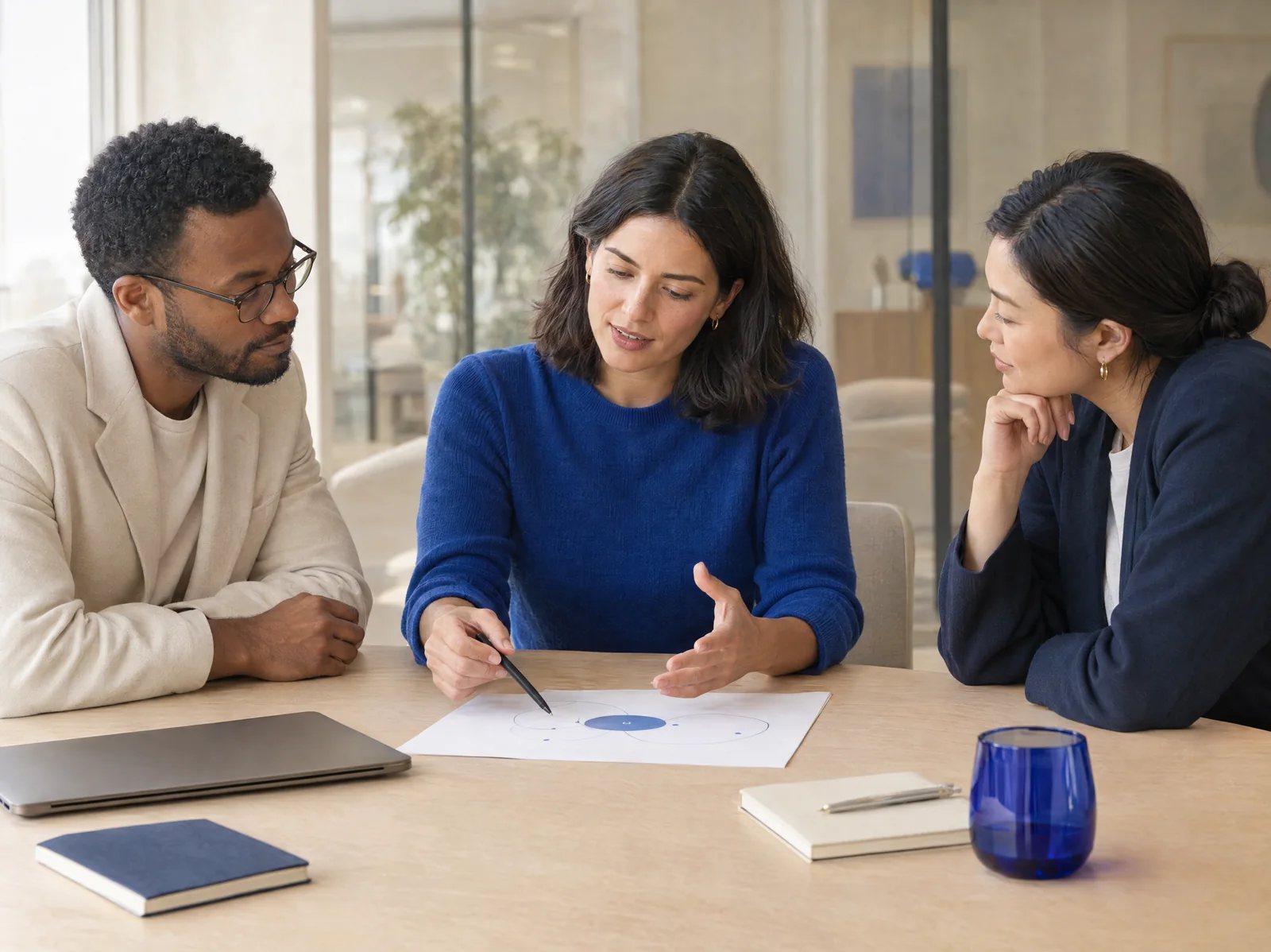 Three colleagues discussing a diagram in a bright studio office.