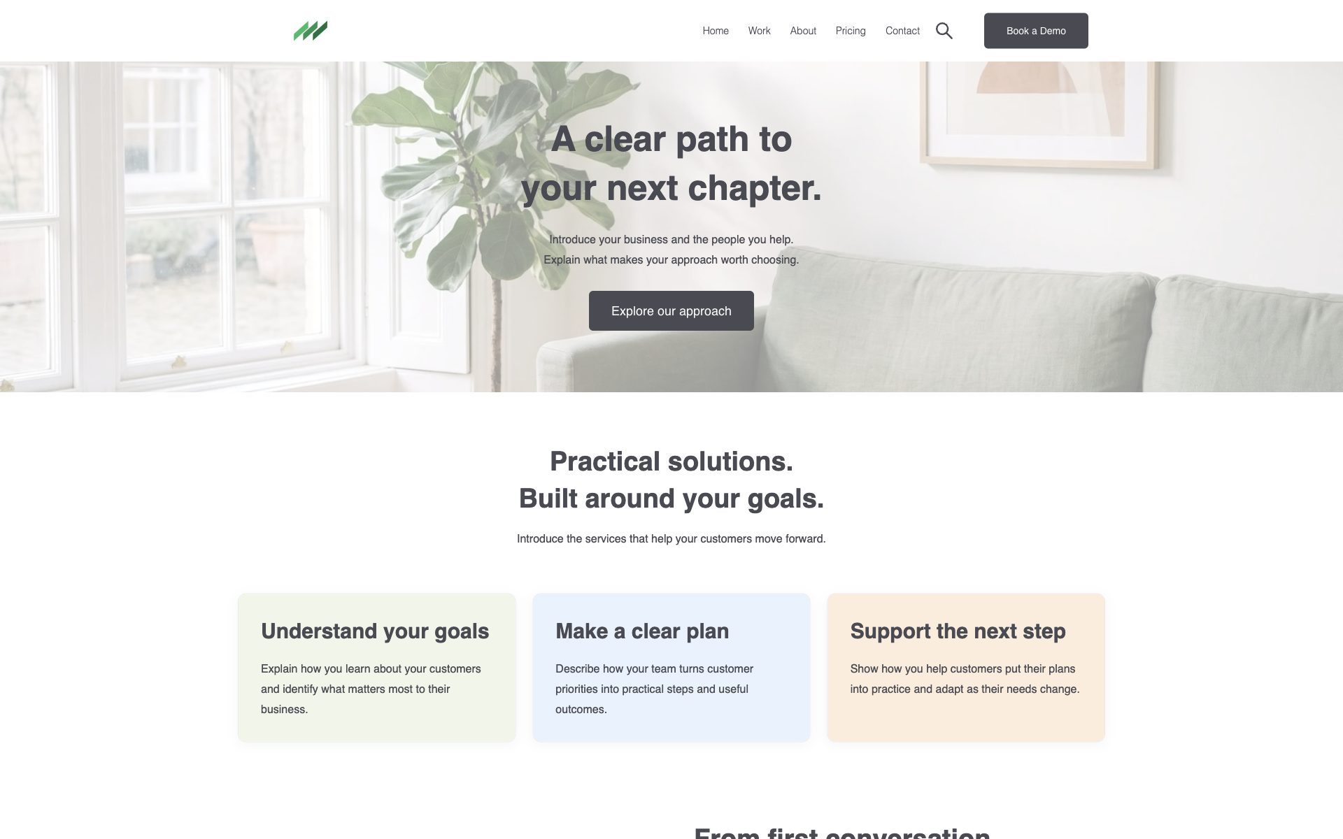 The Home Modern template: a compact header over a hero with a headline and a photograph.