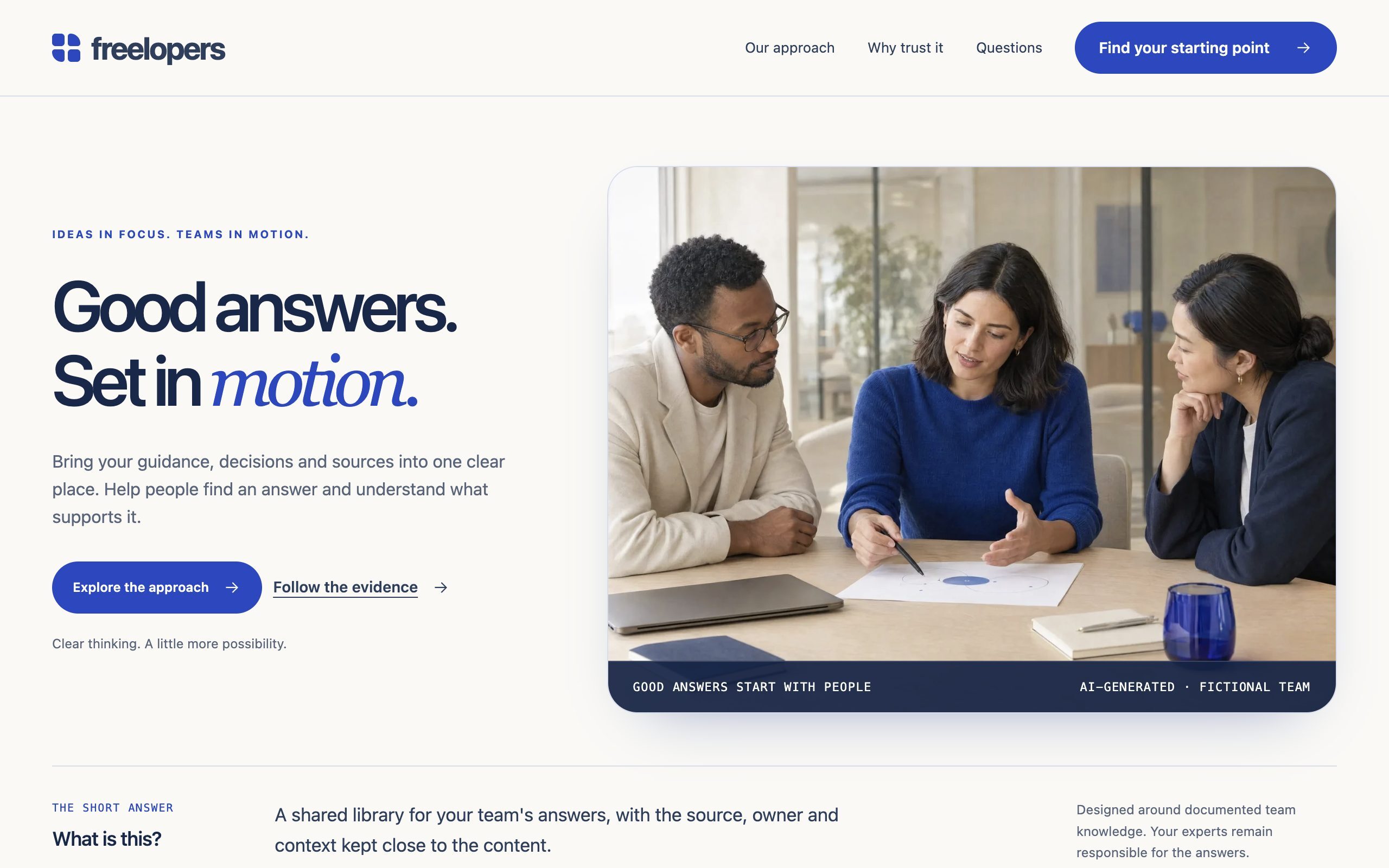 Answerable's home page on HubSpot: the headline Good answers, set in motion, beside a photograph of three colleagues discussing a diagram.