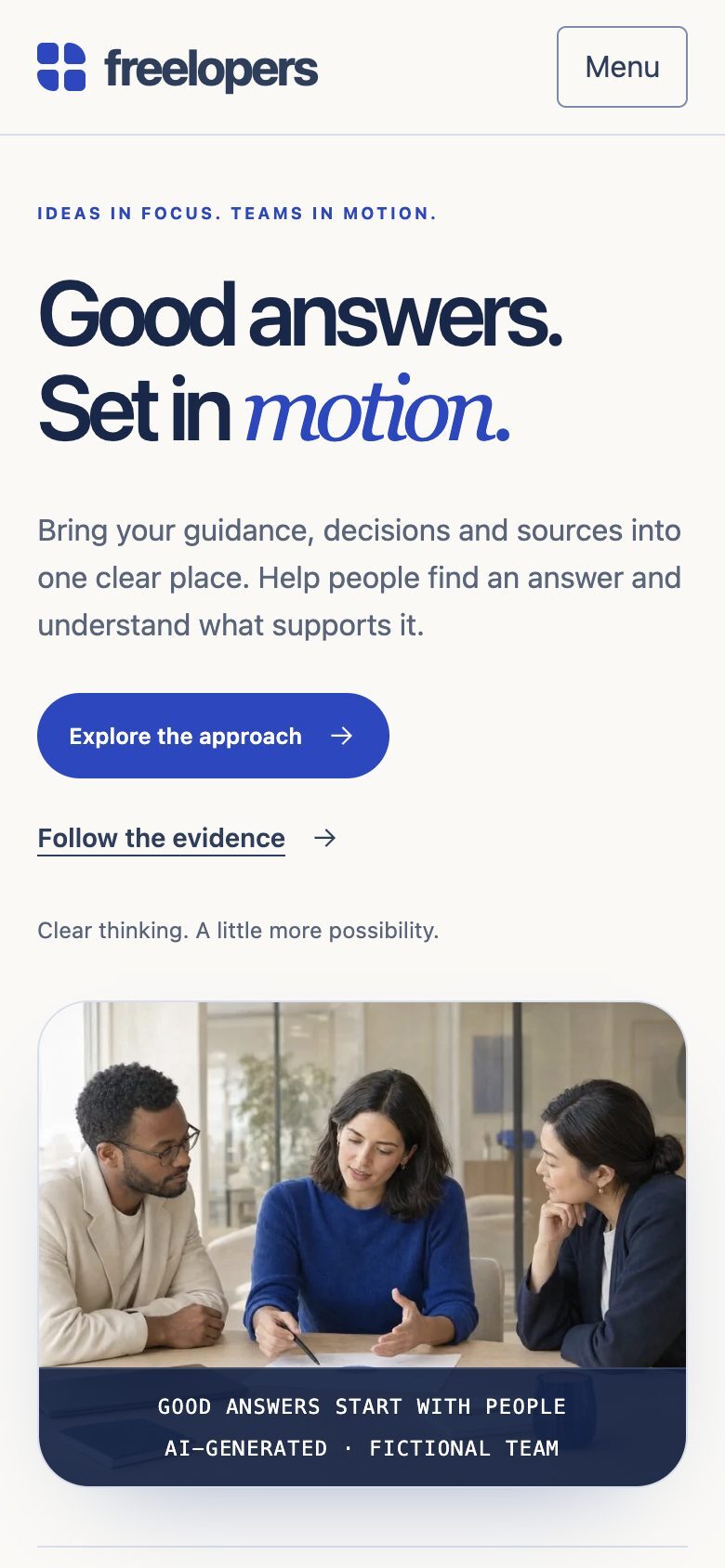 The Answerable home page on a phone, the headline above the photograph.