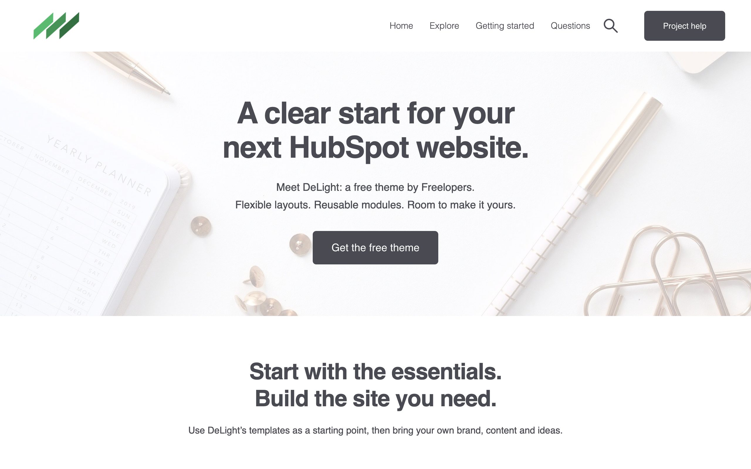 DeLight's home template on HubSpot: a light hero with a headline, a short introduction and one call to action, over a soft photograph of a desk.