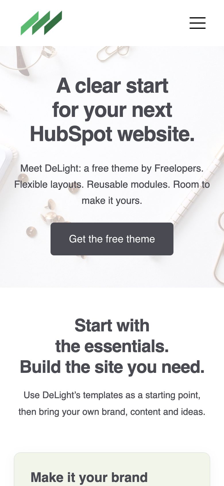 The DeLight home page on a phone, the hero stacked above the introduction.