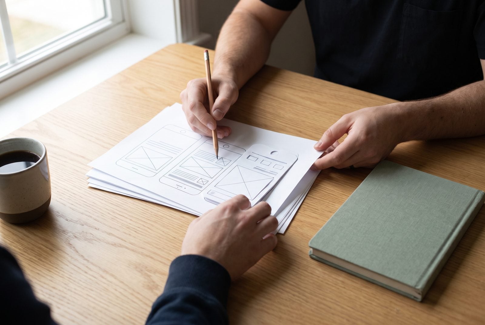 Hands reviewing printed wireframes with a pencil