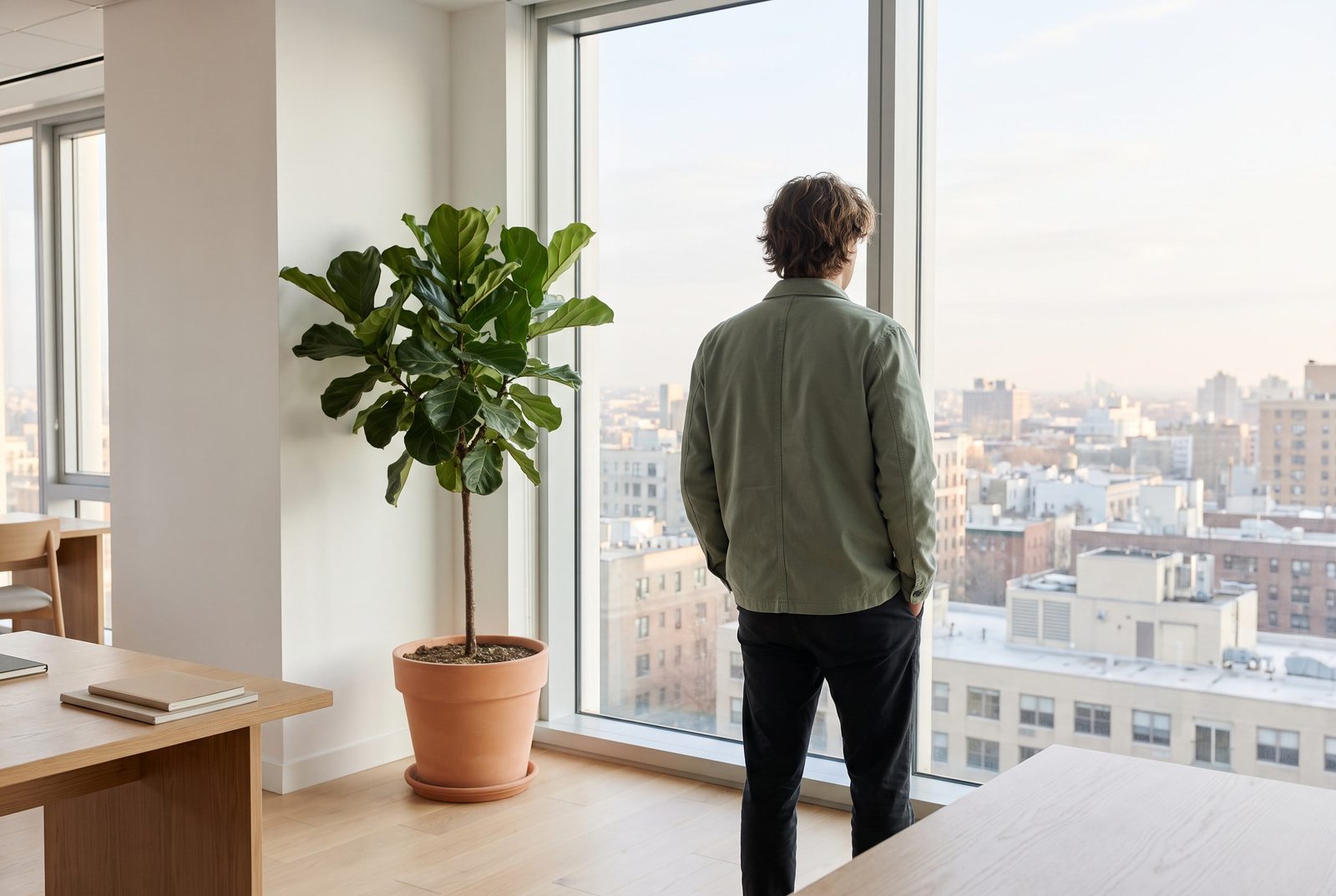 A person looking out over the city from a bright office A person looking out over the city from a bright office