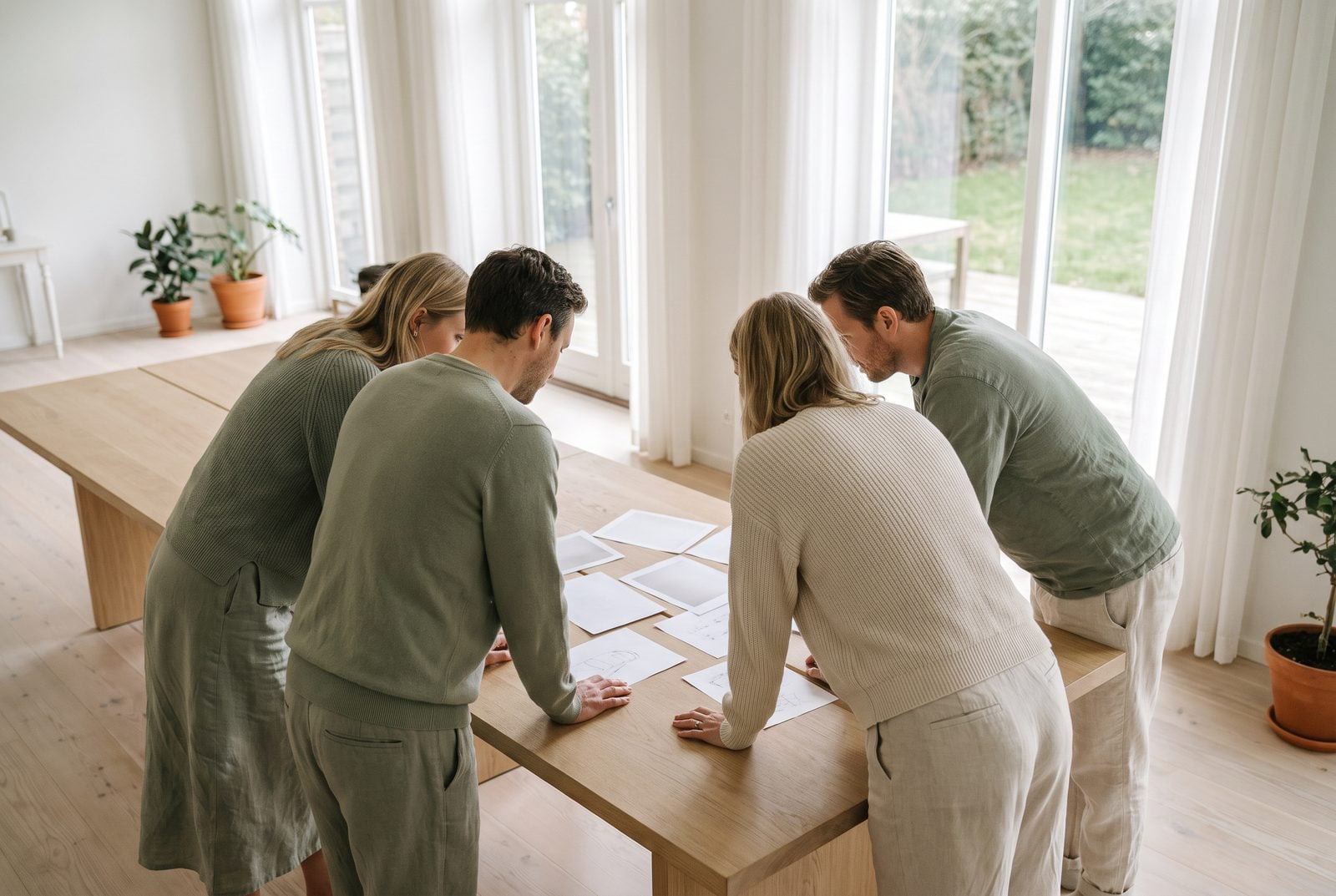 Four colleagues around a table looking at printed sheets